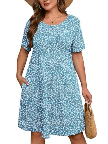 AusLook Plus Size Floral Midi Dress for Women Casual Summer Short Sleeve A Line Swing 1X Dress with Pockets Round Neck Flowy Knee Length T Shirt Vacation Beach Sundress - Image 1