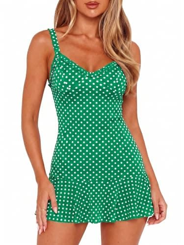 Wenrine Womens Spaghetti Strap Polka Dot Mini Dress Casual Sleeveless V Neck Short Summer Beach Dresses - Image 1