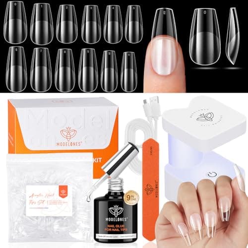 modelones X Nail Gel Kit Medium Coffin, 9-in-One Nail Glue with Mini UV Light 216Pcs 12Sizes Pre-Etched Press ons Fake Acrylic Extension Kit DIY Salon Gift