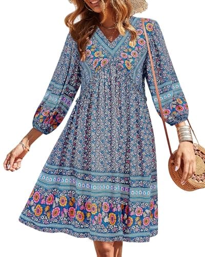 BTFBM Womens Summer Dresses 2026 Casual V Neck 3/4 Long Sleeve Ruffle Floral Flowy Boho Babydoll Mini Spring Beach Dress(Floral White Blue Grey, Large) - Image 1
