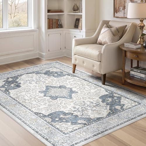 cotiled 4x6 Area Rug Machine Washable Vintage Carpet for Living Room Bedroom Soft Non-Slip Backing Floor Mat Kid & Pet Friendly Stain Resistant Light Blue - Image 1