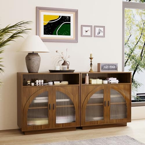 ALWXIA Sideboard Buffet Cabinet with Storage, 63” Farmhouse Curved Design Accent Cabinet with Acrylic Doors & Adjustable Shelves, Modern Coffee Bar (Sideboard W/Compartment_Walnut, 2Pcs) - Image 1