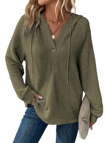 Dokotoo Womens Oversized Hoodies Sweatshirt Waffle Knit Drawstring Button V Neck Long Sleeve Sweaters for Women Casual Sweatshirts Cute Hoodie Fashion Outfits Women Fall Clothes 2026 Green XX-Large - Image 1