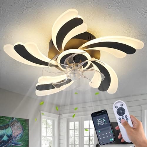 Dalouguan Ceiling Fan with Lights Remote Control, Black Modern Ceiling Fan with Light, 3 Light Color 6 Speeds Low Profile Flush Mount Ceiling Fan for Kitchen Bedroom Living Room - Image 1