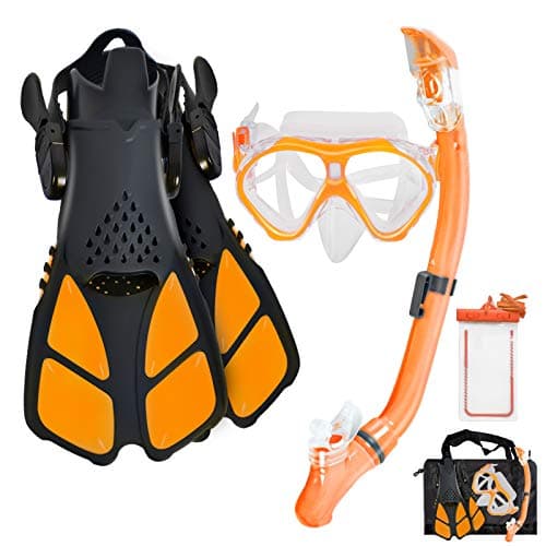 Aisrida Kids Snorkeling Set Children Mask Fin Snorkel Set Snorkeling Gear Snorkel Mask + Adjustable Swimming Kids Flippers+ Dry Snorkel Tube + Travel Bags (Orange) - Image 1