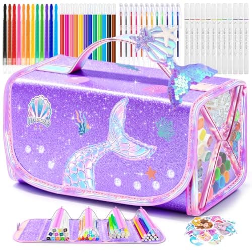 Mermaid Arts and Crafts for Girls Ages 4–5–6–7–8, 70 PCS Art Supplies Set for Kids with Washable Markers, Bonus Mermaid Hairpin, 3D Glitter Case, Scented Gel Pens & Twist-Up Crayons, Birthday Gift - Image 1