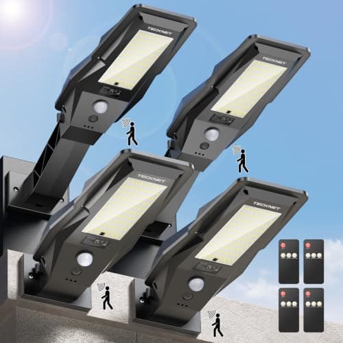 TECKNET Solar Street Lights Outdoor Waterproof - Dusk to Dawn Solar Powered Street Lights IP66, Pole & Wall, with Motion Sensor & Remote, 3 Work Mode, Security Light for Driveway, Yard, Garage, 4 Pack