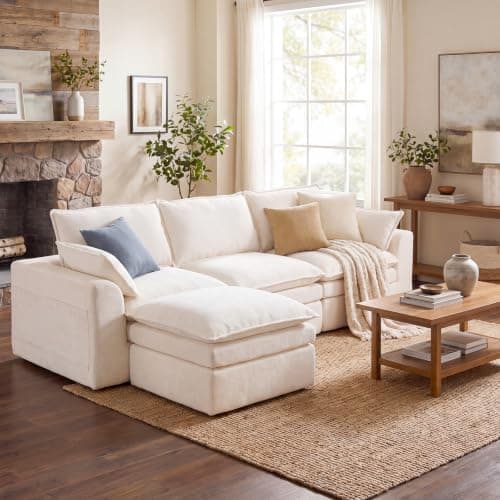 113" Modular Sectional Sofa, Oversized L-Shape Cloud Couch with Deep Seat, Modern Boneless Couch with Side Pockets,Upholstered Sectional Couch for Living Room, No Assembly Required,Chenille,Beige - Image 1