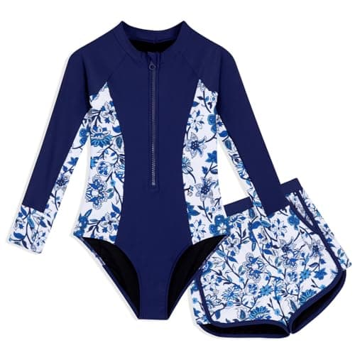 HOZIY Long Sleeve Swimsuit Girls 2 Piece One Piece Rash Guard Sets with Pocket Shorts Bathing Suits Summer Beach Swimwear Size 5-6 Blue Floral - Image 1
