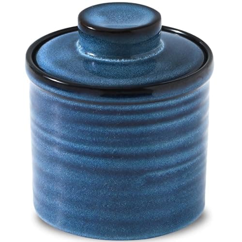 Hasense Ceramic Butter Crock with Lid, Butter Dish for Countertop with Water Line, French Butter Keeper Container for Spreadable Butter, Modern Kitchen Decor, Blue - Image 1