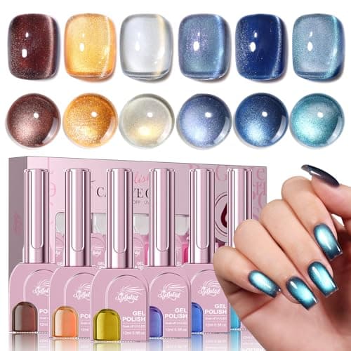 GELLAKTIK Cat Eye Gel Nail Polish Set, 6 Colors 12ML - 9D Glassy Holographic Glitter, Magnetic Nail Art Kit with Magnet, Soak off UV LED Gel for DIY Home Salon Manicure Gift for Women - Image 1