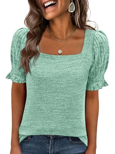 ANRABESS Womens Tops Summer Sweaters Dressy Casual Work Blouses Square Neck Ruffle Short Sleeve Tee Shirts 2026 Fashion Tunic Green Large - Image 1