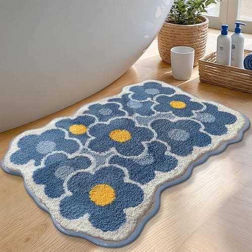 TIQOGRZP Flower Bath Mat, Cute Bath Mats,Soft Blue Floral Bathroom Rug,Non Slip TPR, Machine Washable 32" x 20" Bathroom Mat,for Bathroom Door, Bedroom (Blue Dream Garden, 32" x 20") - Image 1