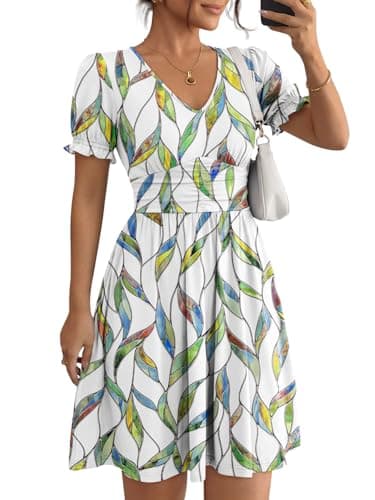 LILLUSORY Summer Dresses for Women 2026 Short Sleeve Floral Aline Dress with Pockets Boho Flowy Sundresses Leaves XL - Image 1
