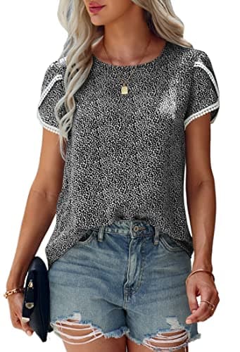 Angashion Women's Tops Casual Floral Print Lace Crochet Short Sleeve Crewneck Summer Loose Blouse Shirt Tunic Top Black M - Image 1