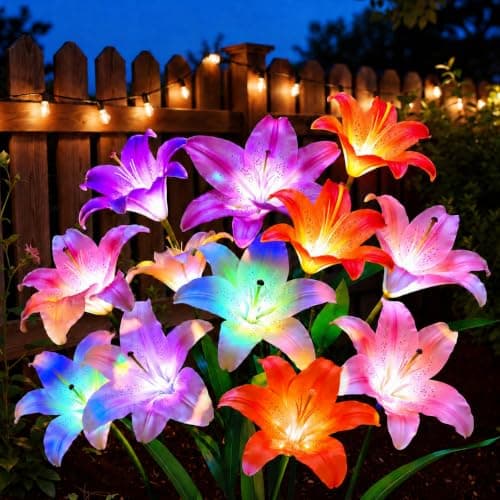 LETMY Solar Garden Lights, 4 Pack Solar Flower Lights with 6 Head Bigger Lily Lights, IP65 Waterproof Solar Lights Outdoor, Decorative Lights for Garden, Patio, Yard, Flower Bed - Image 1