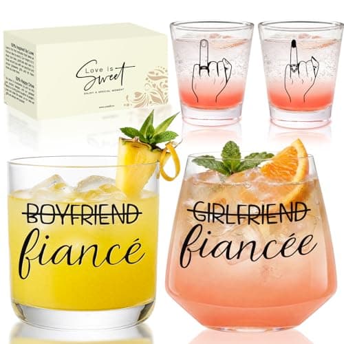 4Pcs Engagement gifts for couples Ring Finger Wine&Whiskey&Shot Glass Set Just Married Gift,Mr and Mrs Wedding Newlyweds Bridal Shower gifts for women Fiance Fiancee Couples Bridal,Bachelorette - Image 1