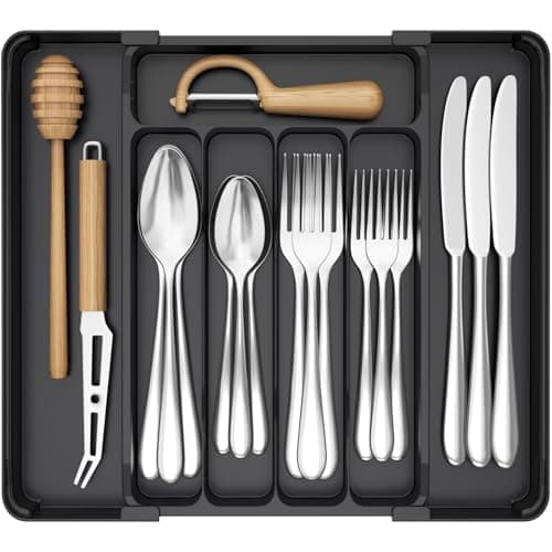 Lifewit Silverware Organizer for Drawer, Expandable Utensil Tray, BPA-Free Adjustable Cutlery Holder for Kitchen Storage, 8.1-13.9 x 11.3, Black - Image 1