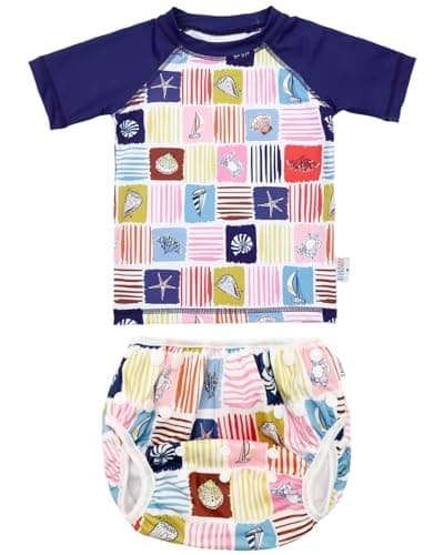 ALVABABY Baby Boy Swimsuit, 2-Piece Infant Toddler Bathing Short Sleeve Swimwear, Small Baby Reusable Swim Diaper with Matching Top - Image 1