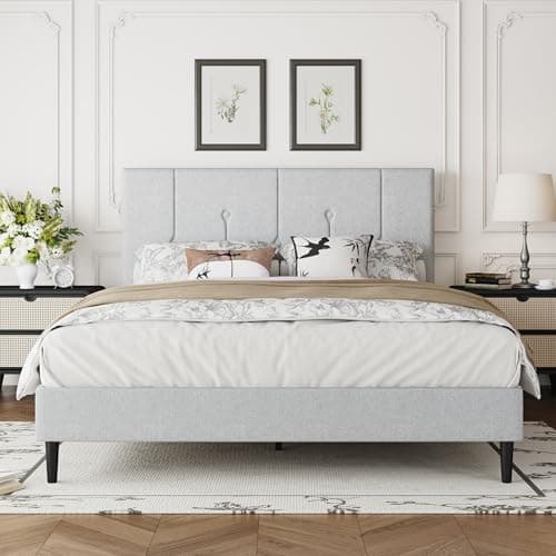 IOILORI Queen Size Bed Frame Platform with Velvet Upholstered Headboard, Sturdy Wooden Slats, No Spring Box, No Noise, Easy to Assemble, Light Grey Bedframe with Strong Wooden Slats, Light Gray - Image 1