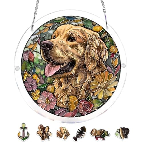 Acrylic Puzzle Suncatcher, Cute Golden Retriever Dog, Unique Acrylic Jigsaw Puzzle, Stained Glass Window Hanging, DIY Sun Catcher Puzzle Kit, Home Garden Decor Gift for Women, Mom, Men, Friends 7.4in