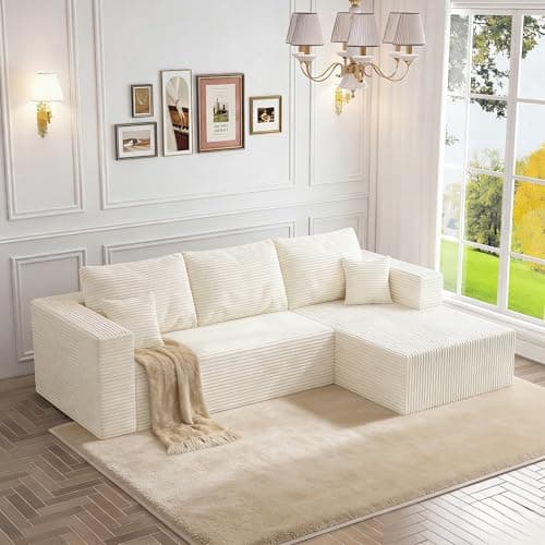 92.5" Modular Sectional Sofa, L-Shaped Cloud Couch with Deep Seats & Chaise, Convertible 4-in-1 Corduroy Boneless Couches for Living Room, Bedroom, No Need Assembly - Beige(Right Facing Chaise) - Image 1