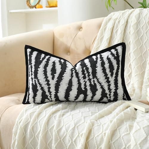OLSUNOR Black and White Pillow Covers, 20x12 inch Striped Decorative Throw Pillow Covers w/Invisible Zipper & Velvet Flange Edge, Soft Chenille Jacquard Accent Pillow for Mother's Day, Home Decor - Image 1