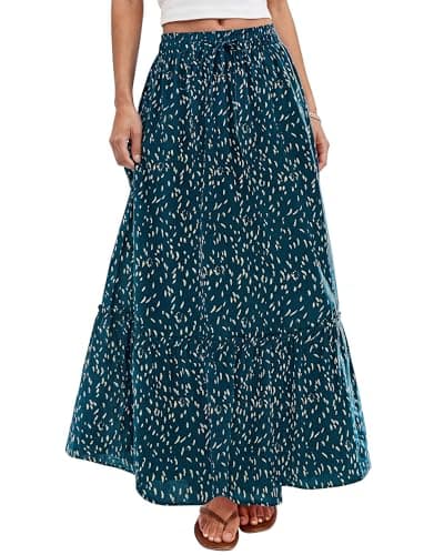 BTFBM Womens Boho Maxi Skirt 2026 Summer Floral High Waisted Flowy Tiered Long Spring Beach Vacation Skirts Pockets(Blue, Medium) - Image 1