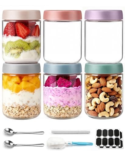 6 pack 16 oz Overnight Oats Containers with Lids and Spoons Glass Jars with Airtight Lids: Wide Mouth Mason Salad Jars, Leakproof and Reusable Glass Food Storage Container for Yogurt Snacks Spice - Image 1