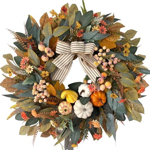 HipTree 24 Inch Fall Wreath for Front Door | Autumn Pumpkin Wreath with Eucalyptus Leaves, Frosted Berries & Striped Bow, Rustic Farmhouse Thanksgiving Decor for Indoor Outdoor Porch Wall Home - Image 1
