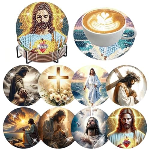 ijbnhd 8 Pack Diamond Art Coasters Kits, Jesus Diamond Painting Coasters Kit with Holder, DIY Jesus Diamonds Art Non Slip Coaster Crafts Kits for Adults Gifts 4x4 inch (Cork Wooden Pad) - Image 1