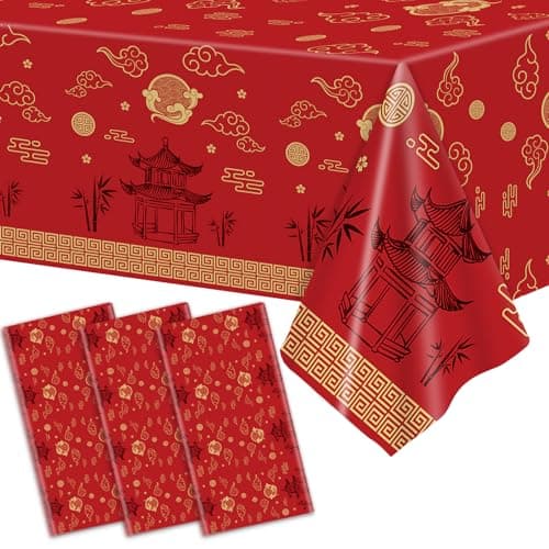 party greeting Hibachi Table Covers 3 Pack Japanese Disposable Plastic Tablecloth 54x108 Inch Chinese Decorations Cultural Tableware Spring Festival Plastic Table Cover for New Year Asian Party(Red) - Image 1