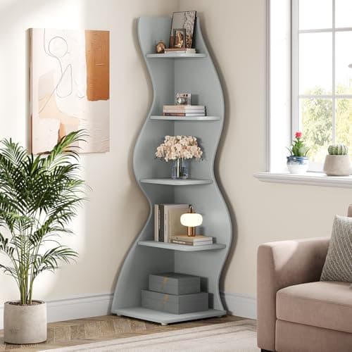 Tribesigns Wavy Corner Shelf, Modern 5-Tier Bookshelf Bookcase with Curvy Shape, Unique Plant Stand Display Rack for Living Room Small Space (Blue) - Image 1