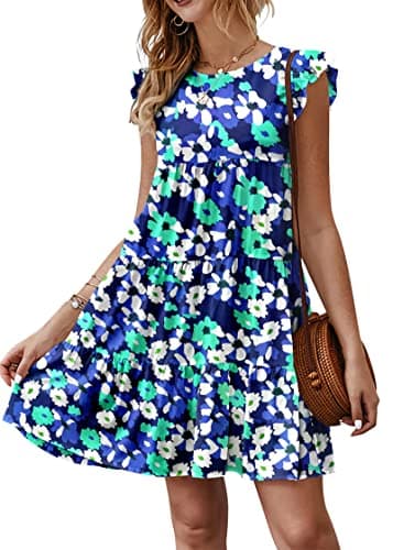 KIRUNDO Womens Boho Summer Dress Sleeveless Ruffle Sleeve Round Neck Floral Beach Vacation Loose Short Flowy Pleated Mini Babydoll Dresses, Floral3-blue Green White, Medium - Image 1