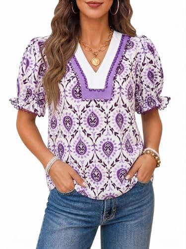 Tankaneo Womens Puff Sleeve Floral Blouse Tops Summer Dressy Casual V Neck Shirts Boho Printed Loose Fit Tees Purple - Image 1