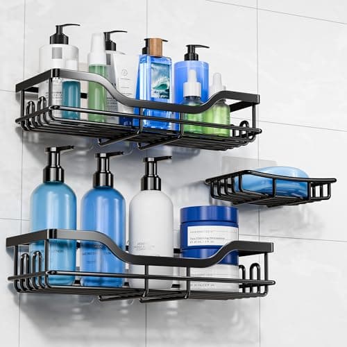 OMAIRA 3-Pack Shower Caddy with Soap Holder, Adhesive Rustproof No-drill Strudy Loading Inside Shower Organizer Shelves Rack Storage Bathroom Organization for Smooth Wall Glass Tile, Black (X-Large) - Image 1