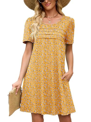 Heymoments Women's Short Sleeve Dress Floral Print XX-Large Plus Size Crewneck Casual Flowy Above Knee Length Sundress Comfortable Shirt Work Summer Cheap Dresses with Pockets - Image 1