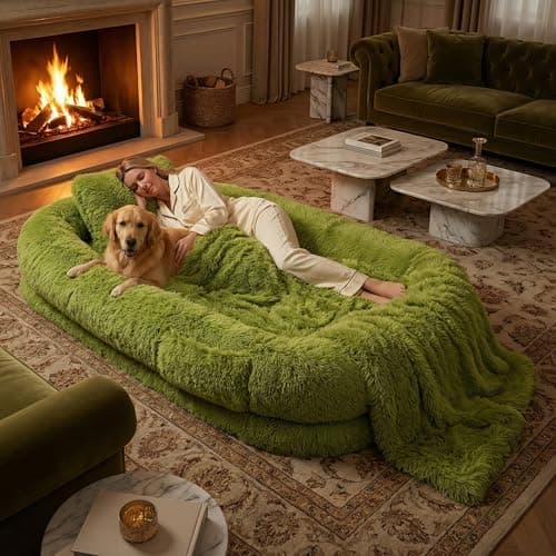 Human Dog Bed, Oversized Plush Lounger Bed with Plump Pillow and Blanket, 71" x 45" x 12" Long Plush Polyester Floor Nest for Relaxing, Napping, Reading, and Family Cuddle Time - Grass Green - Image 1