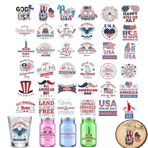36 Pcs 4th of July Rub-On Transfer Stickers for Crafts, Patriotic Waterproof Vinyl Decals for Cups, Mugs, Jars & Independence Day Decorations - Image 1