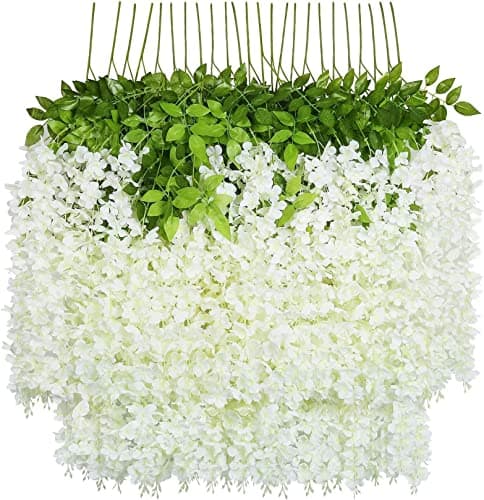 U'Artlines 24 Pack (Total 86.4 Feet) Artificial Fake Wisteria Vine Rattan Hanging Garland Silk Flowers String Home Party Wedding Decor (24, White) - Image 1