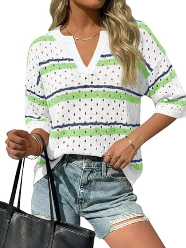 Saodimallsu Womens Striped Crochet Knit Tops Half Sleeve V Neck T-Shirts Summer Beach Cover Up Pullover Sweaters Green - Image 1