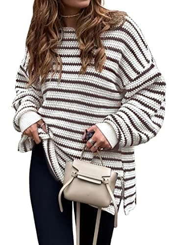KIRUNDO Women's 2026 Fall Winter Oversized Long Sleeve Striped Sweater Casual Crewneck Side Split Pullover Knit Tops(Striped Coffee, Small) - Image 1
