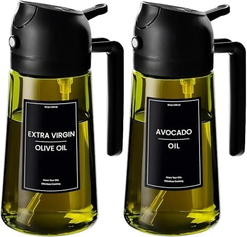 XBllcyiv 2PCS 16oz/470ml Glass Olive Oil Sprayer for Cooking - 2 in 1 Olive Oil Dispenser for Kitchen Gadgets, Air Fryer, Salad, and BBQ (Black & Black)