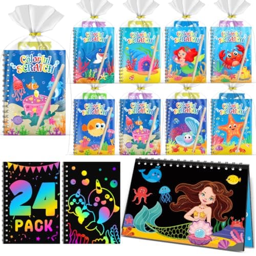 FEREDO KIDS Rainbow Scratch Paper Party Favors: 24 Pack Ocean Rainbow Scratch Notebook, Goodie Bags Stuffers Coloring Books Party Favors for Kids 3-12, Bulk Classroom Birthday Gifts for Student