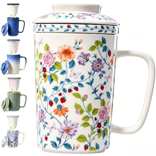 Foinly 16oz Ceramic Tea Mug with Infuser and Lid,Porcelain Tea Cup with Ceramic Filter for Loose Leaf Tea,Microwave &Dishwasher Safe,Metal-Free,Lead-Free,Perfect for Tea,Coffee (Vibrant Floral) - Image 1