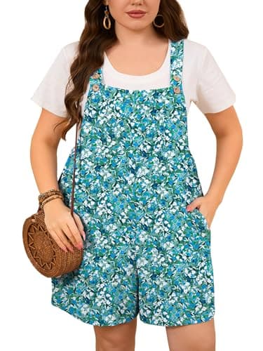 AusLook Plus Size Rompers for Women Monet Garden 5X Overall Shorts Adjustable Button Strap Loose Wide Leg Short Jumpsuit Summer Casual Outfit with Pockets - Image 1