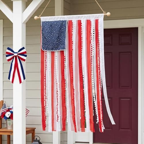 PUKUPIG 4th of July Decorations, 2.3x4.3 Ft Patriotic Bunting Ribbon Banner, American Flag Wall Hanging for Front Door, Covered Porch, America's 250th - Image 1