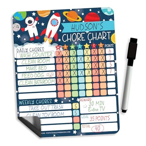 Hadley Designs Magnetic Chore Chart for Kids – Reward Chart for Kids, Dry Erase Responsibility Board for Children at Home, Fridge Behavior Tracker for Daily & Weekly Tasks, Space Toddler Chore Board