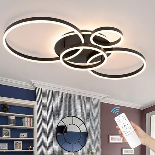 Modern LED Ceiling Light Black Flush Mount Ceiling Light Dimmable Dining Room Light Fixtures with Remote Acrylic Rings Kitchen Lighting Fixtures Ceiling Lamp for Living Room Bedroom (Black, 4 Rings) - Image 1