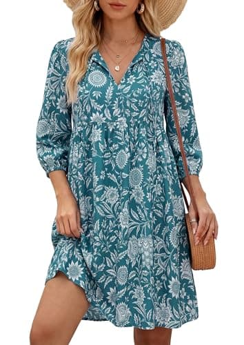 Women Summer Boho Babydoll Dress 2026, Casual 3/4 Sleeve V Neck Floral Mini Dress, Flowy Beach Dresses with Pockets Turquoise - Image 1